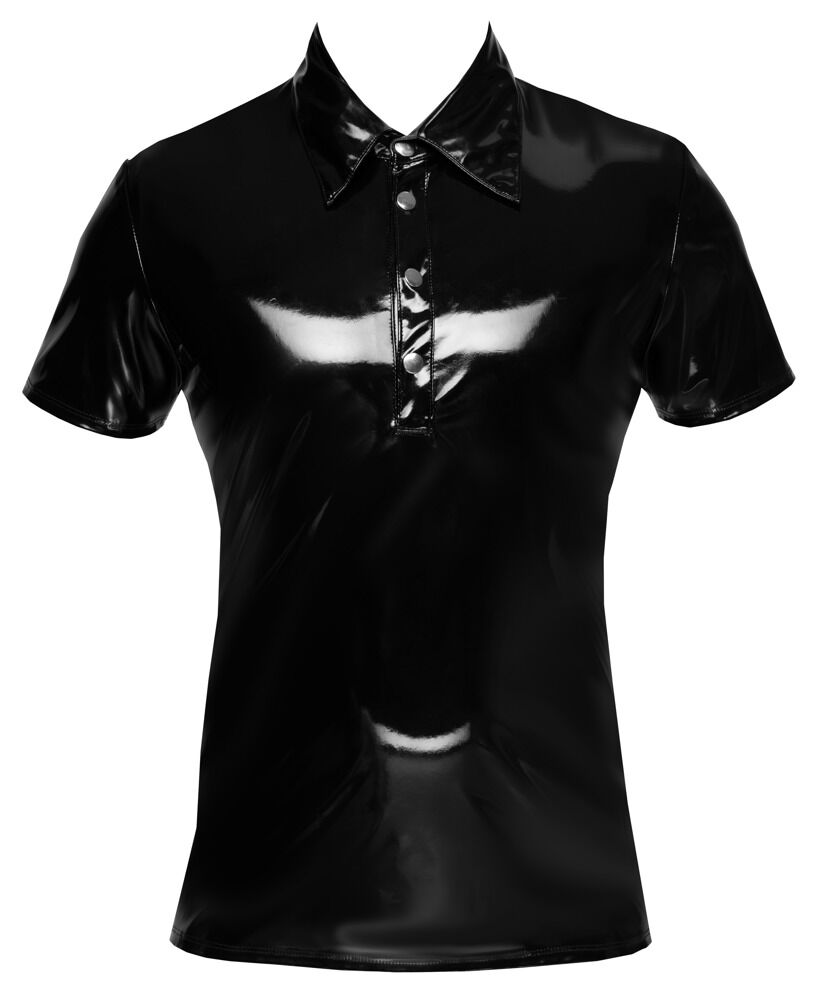 Shirt aus Lack im Polo-Style mit Halbarm, Kragen und Druckknopfleiste