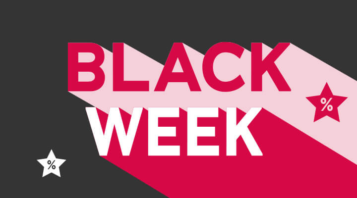 Grafik mit großem Text „BLACK WEEK“ in Rot und Weiß, auf dunklem Hintergrund mit Sternen und Prozentzeichen – Symbol für Rabattaktionen.