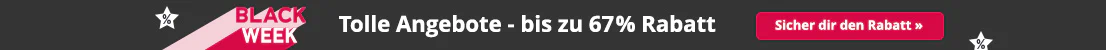 Banner mit Schriftzug „BLACK WEEK“, Sternen mit Prozentzeichen und Text „Tolle Angebote - bis zu 67% Rabatt“ auf dunklem Hintergrund.