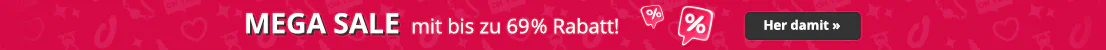 Schmaler Banner mit rotem Hintergrund, „MEGA SALE mit bis zu 69% Rabatt“, Prozent-Symbol und Button „Her damit“.