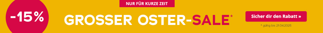 Das Bild ist eine Werbeanzeige für 15% auf Alles zu Ostern. in roter Schrift steht auf gelbem Hintergrund. Am oberen Rand steht rot hinterlegt "Nur für kurze Zeit".