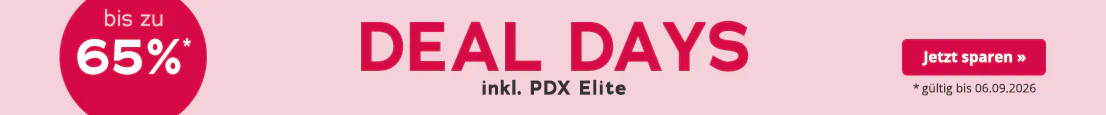 Werbemittel mit rosa Hintergrund. In großen roten Buchstaben steht "Deal Days", darunter in kleinerer Schrift: "inkl. PDX Elite". Außerdem ist ein roter kreisrunder Störer mit der Aufschrift "bis zu 65%" abgebildet. Am unteren Rand steht: "*gültig bis 06.09.2026".