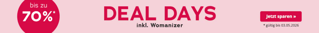 Werbemittel mit rosa Hintergrund. In großen roten Buchstaben steht "Deal Days", darunter in kleinerer weißer Schrift: "Womanizer". Außerdem ist ein roter kreisrunder Störer mit der Aufschrift "bis zu 70%" abgebildet. Am unteren Rand steht: "*gültig bis 03.05.2026".