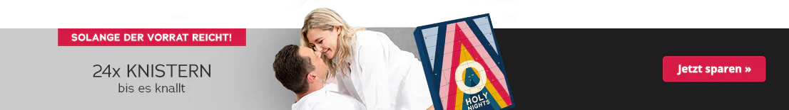 Das Bild zeigt eine Werbeanzeige, wo ein Mann in weißem T-Shirt mit dem Rücken auf einem Bett liegt und eine Frau in weißer Bluse über ihn gebeugt ist. Beide lächeln sich an. Plakativ ist der Adventskalender mit buntem Design und der Aufschrift „HOLY NIGHTS“ abgebildet. Daneben steht in schwarzer Schrift: „24x knistern, bis es knallt!“. Am oberen Rand ist ein rotfarbener Button mit dem Hinweis „Solange der Vorrat reicht“.