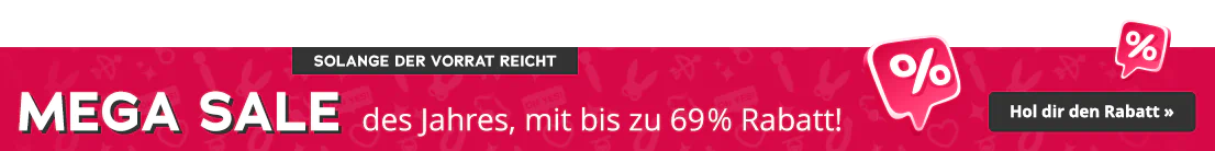 Roter Werbebanner mit Prozentzeichen, Text „Solange der Vorrat reicht“, „Mega Sale des Jahres, mit bis zu 69 % Rabatt!“
