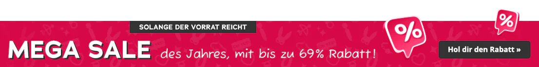 Roter Werbebanner mit Prozentzeichen, Button „Solange der Vorrat reicht“, Text in Schmuckschrift„Mega Sale des Jahres, mit bis zu 69 % Rabatt!“