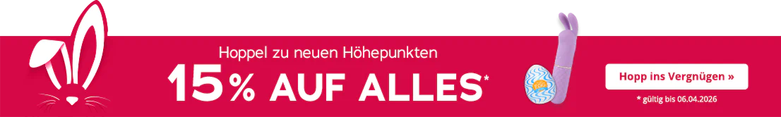 Ein roter Werbebanner mit weißen Osterhasenohren. Rechts ist ein lilafarbener Vibrator mit Hasenohren neben einem blauen Masturbator-Ei mit der Aufschrift „EGG“. Der Text lautet: „Hoppel zu neuen Höhepunkten – 15 % AUF ALLES*“. Auf einem weißen Button steht „Hopp ins Vergnügen »“. Unten rechts: „* gültig bis 06.04.2026“.