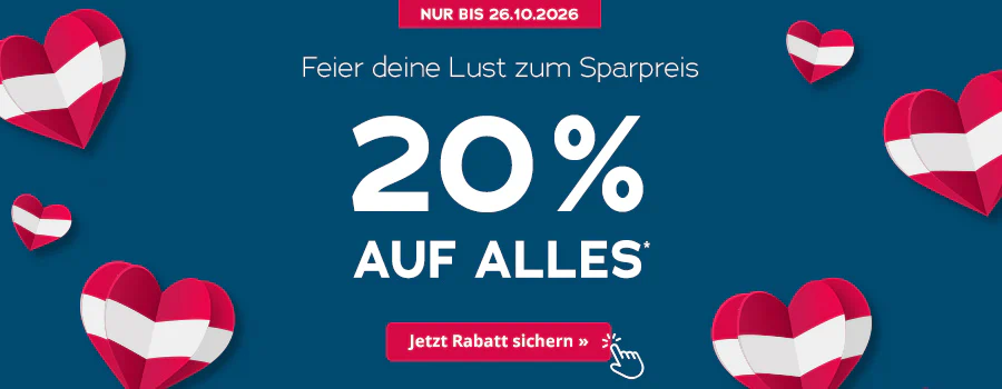 Werbegrafik mit dunkelblauem Hintergrund und mehreren rot-weißen Herzen am Rand. In großer weißer Schrift steht „20 % AUF ALLES*“, darüber „Feier deine Lust zum Sparpreis“ und oben „NUR BIS 26.10.2026“. Unterhalb befindet sich ein roter Button: „Jetzt Rabatt sichern »“, daneben ein Handzeiger.