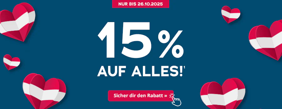 Das Bild zeigt eine Werbeanzeige mit einem Hintergrund in der Farbe Petrol. Großflächig steht in weißer Schrift “15% auf alles!” Drumherum sind Herzen in verschiedenen Größen abgebildet, die in den Farben rot, weiß, rot eingefärbt sind. Oberhalb der Werbeanzeige steht in einem rotfarbenen Button "Nur bis 26.10.2025". Unterhalb der Werbeanzeige ist ebenfalls ein rotfarbener Button mit der Aufschrift "Sicher dir den Rabatt".