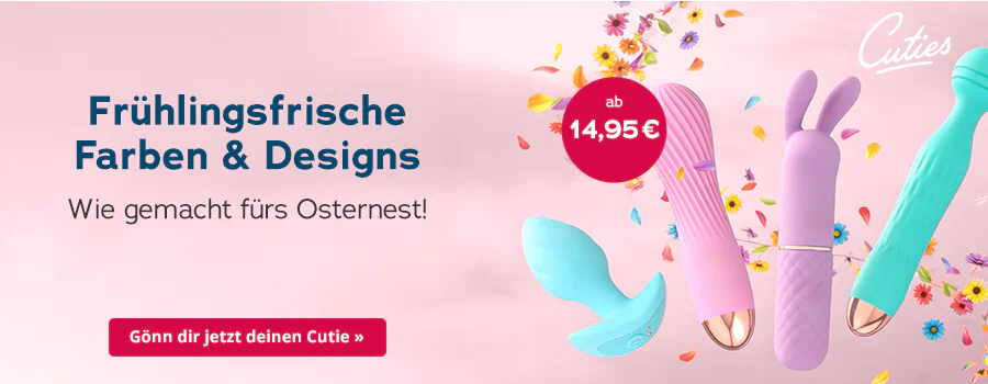Das Bild zeigt eine Werbeanzeige mit rosafarbenem Hintergrund. Oben steht der Text „Frühlingsfrische Farben & Designs“, daneben das Logo „Cuties“. In der Mitte sind vier unterschiedlich geformte Produkte in Pastellfarben zu sehen und daneben befindet sich ein roter Kreis mit der Aufschrift „ab 14,95 €". Um die Produkte herum sind bunte Blütenblätter und kleine Blumen verteilt. Unten steht in einem roten Button „Gönn dir jetzt deinen Cutie »“.