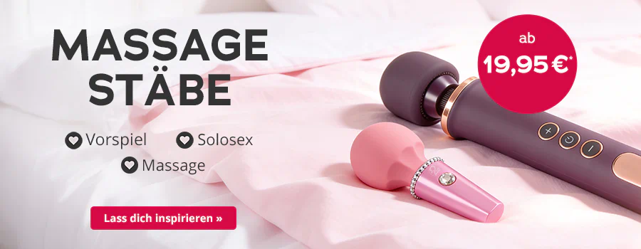 Zwei Massagestäbe in Pink und Lila liegen auf einem Bett. Text: „MASSAGESTÄBE“, „Vorspiel“, „Solosex“, „Massage“, „ab 19,95 €“. Roter Button: „Lass dich inspirieren“.