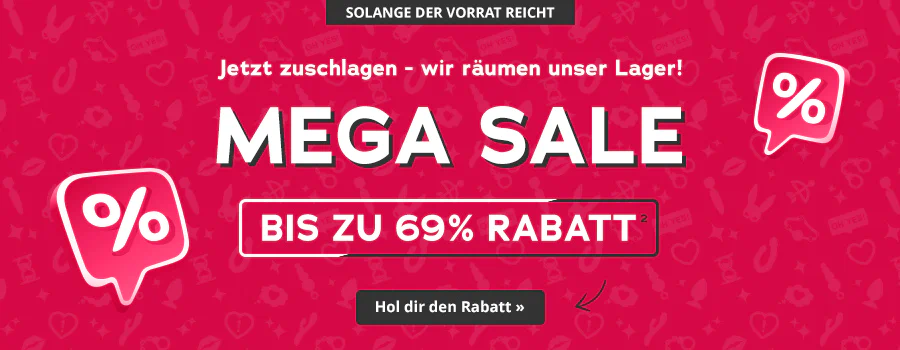 Werbebanner mit rotem Hintergrund, oberhalb steht in einem Button "Solange der Vorrat reicht", darunter steht der Text "Jetzt zuschlagen - wir räumen unser Lager! Mega Sale bis zu 69%“, darunter steht in einem Button „Hol dir den Rabatt“. Auf dem Werbemittel befinden sich Rabattzeichen.