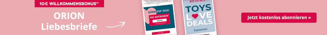 Rosa Werbemittel mit dem Text "10 € Willkommensbonus*" als rot hinterlegtes Verknappungselement oben. Darunter in weißer Schrift "ORION Liebesbriefe" und in roter Schrift "Unsere 3 Newsletter", begleitet von einem roten Pfeil, der auf drei abgebildete Newsletter-Designs zeigt. Die Designs enthalten Slogans wie "Gönn dir was!", "Toys Love Deals" und "Mach’s dir selbst". Rechts befindet sich ein roter Call-to-Action-Button mit dem Text "Jetzt kostenlos abonnieren >>".