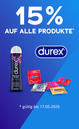 Das Bild zeigt eine Werbeanzeige mit einem blauen Hintergrund. Es steht groß in weißer Schrift: „15 % auf alle Produkte“. Es sind Produkte der Marke „Durex“ abgebildet.