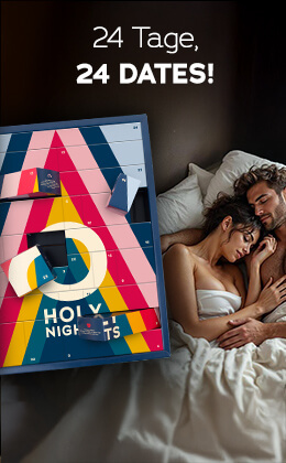 Das Bild zeigt eine Werbeanzeige. Ein Mann und eine Frau liegen beide Arm in Arm, mit geschlossenen Augen und oberkörperfrei im Bett. Plakativ ist der Adventkalender mit buntem Design und der Aufschrift „HOLY NIGHTS“ abgebildet. In weißer Schrift steht „24x Tage, 24x Dates!“.