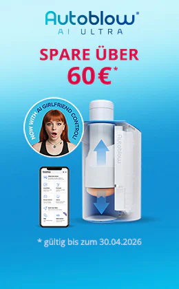 Auf einem blauen Hintergrund ist ein weiß/blauer Masturbator zu sehen. Großflächig ist das Logo „Autoblow“ abgebildet. Darunter steht in roter Schrift „SPARE ÜBER 60 €“ und „Gültig bis zum 30.04.2026“. Daneben ein kreisförmiges Foto einer überraschten Frau mit Handy-App und dem Text "NOW WITH AI GIRLFRIEND CONTROL" . Unten ein roter Button mit weißer Schrift: „Sicher dir den Rabatt »“.