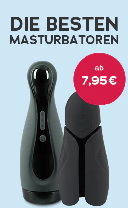 Zwei Masturbatoren vor blauem Hintergrund, Text: „Die besten Masturbatoren ab 7,95 €“ und roter Button „Lass dich inspirieren“.