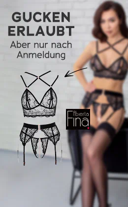 Das Bild zeigt eine Werbeanzeige mit hellem Hintergrund. In schwarzer Schrift steht: „GUCKEN ERLAUBT Aber nur nach Anmeldung“. Es ist eine Frau in schwarzer Spitzenunterwäsche unscharf abgebildet. Daneben ist das gleiche Dessous-Set als einzelnes Bild, also ohne Model abgebildet. Ein schwarzer Pfeil, schafft eine Verbindung zwischen dem einzelnen Set und dem Model, welches das Set trägt. Unten befindet sich ein rotfarbener Button mit weißer Schrift: „Jetzt registrieren »“.