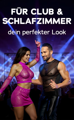 Der Hintergrund der Werbeanzeige ist ein Club, in dem gefeiert wird. Es ist dunkel, man sieht Umrisse von Menschen und Scheinwerferlicht. Im Vordergrund Ist eine Frau und ein Mann, die gegenüber voneinander tanzen. Die Frau hat ein pinkes Top, mit passendem Minirock und Armstulpen aus Netz an. Der Mann trägt ein enges, schwarzes Shirt im edlen Mattglanz mit Powernet-Einsatz und einer dunklen, langen Hose. In großer, weißer Schrift steht "Für Club & Schlafzimmer - dein perfekter Look". Unterhalb befindet sich ein rotfarbener Button mit der Aufschrift "Will ich »".