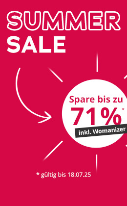 Das Bild zeigt eine Werbeanzeige mit rotem Hintergrund. Großflächig steht in weißer Schrift „SUMMER SALE“. Darunter befindet sich ein weißer Kreis, auf dem mit roter Schrift der Text „Spare bis zu 71%² steht. Darauf ist ein schwarzer Button mit weißer Schrift wo inkl. Womanizer draufsteht. Um den Kreis herum sind symbolhafte weisse Linien, die Sonnenstrahlen darstellen. EIn weisser Pfeil verbindet Text und Grafik miteinander. Unten in der Anzeige befindet sich ein weißer Button mit roter Aufschrift „Jetzt sparen »“.