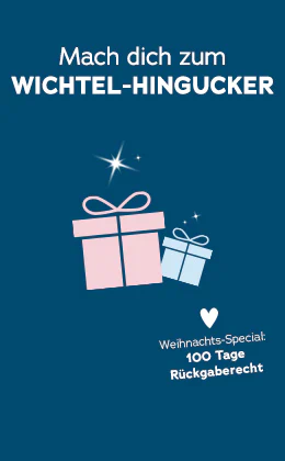 Das Bild zeigt eine Werbeanzeige. Oben steht auf rotem Hintergrund „Weihnachts-Special: 100 Tage Rückgaberecht“. Darunter steht auf blauem Hintergrund "Mach dich zum Wichtel-Hingucker". Daneben sind zwei Geschenkpakete abgebildet. Unterhalb befindet sich ein rotfarbener Button mit der Aufschrift "Finde dein Wichtelgeschenk".