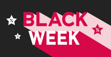 Grafik mit großem Text „BLACK WEEK“ in Rot und Weiß, auf dunklem Hintergrund mit Sternen und Prozentzeichen – Symbol für Rabattaktionen.