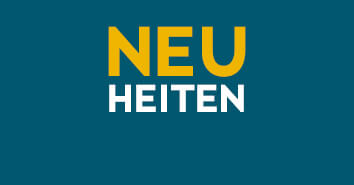 Werbemittel mit einfarbig blauem Hintergrund. In großer weißer und gelber Schrift steht: "Neuheiten & Trends".