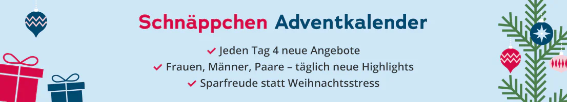 Hellblauer Banner mit Schriftzug „Schnäppchen Adventskalender“, Weihnachtsbaum, Geschenken und beweglichen Schneeflocken Highlights: Info was einen erwartet: -Jeden Tag 4 neue Angebote - Für Frauen, Männer und Paare - Sparfreude statt Weihnachtsstress