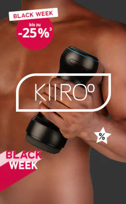 Werbebanner, wo ein Mann ein Kiiroo-Produkt in den Händen hält. In rot, weißer Schrift ist ein "Black Week" Logo abgebildet. Als Störer steht "Black Week - bis zu 25%". Unterhalb steht in einem rotfarbenem Button "Dein Angbeot wartet".