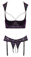 Hebe plus Straps-String ouvert aus Lila-Stretch-Spitze mit schwarzen Details