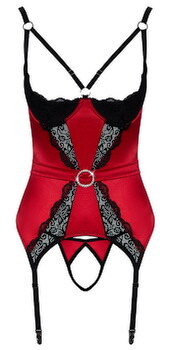Hauptbild von Strapshemd plus String ouvert aus rotem Stretch-Satin mit schwarzer Spitze
