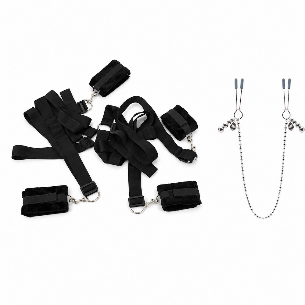Stay Right There – Bed Bondage Set mit Bettfesseln & Nippelklammern