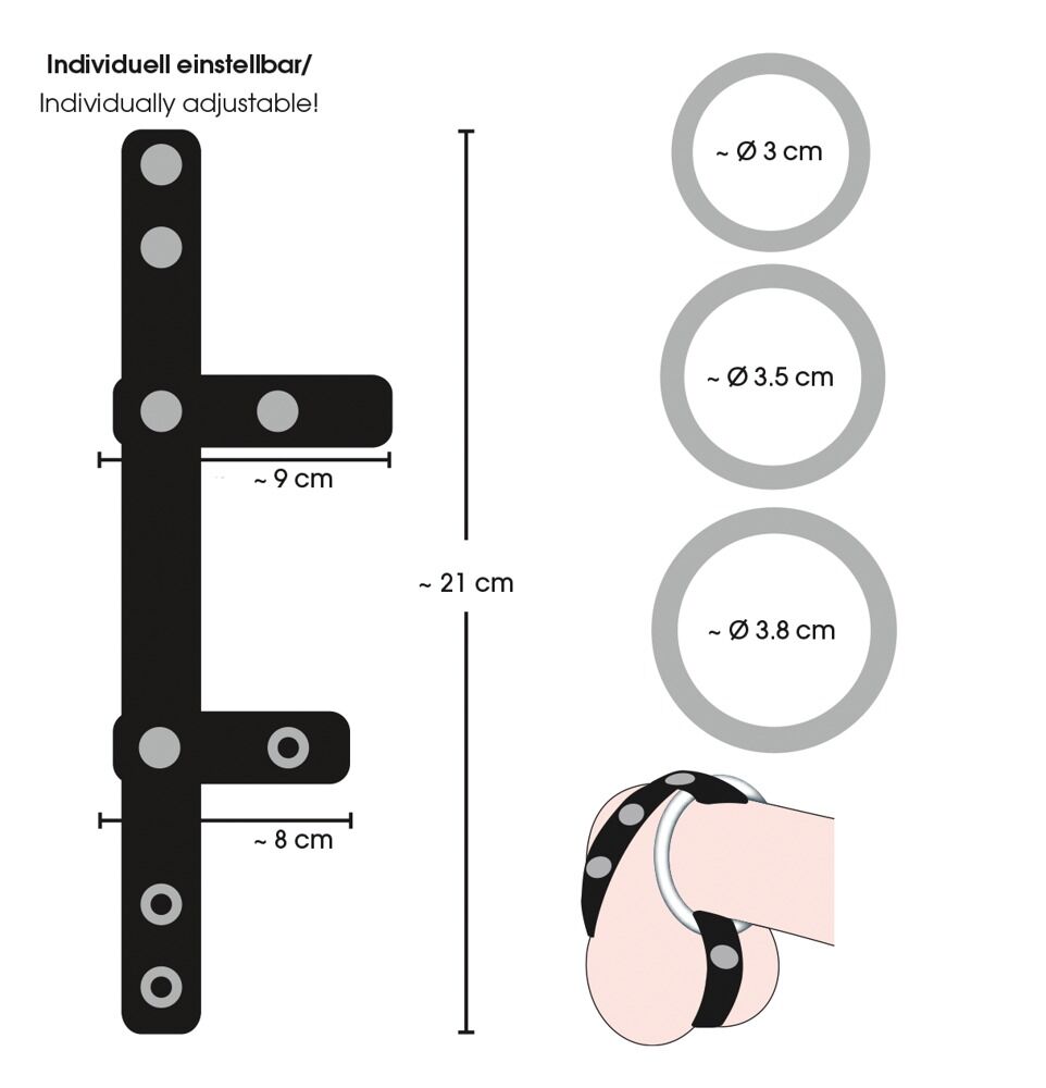 4-teiliges Set „Riemen" plus 3 Penisringe, Hodenriemen verstellbar