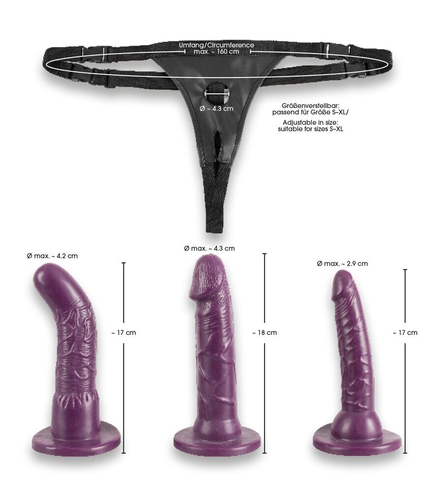 Umschnalldildo-Set "Strap-On“ mit 3 Dildos zum Austauschen