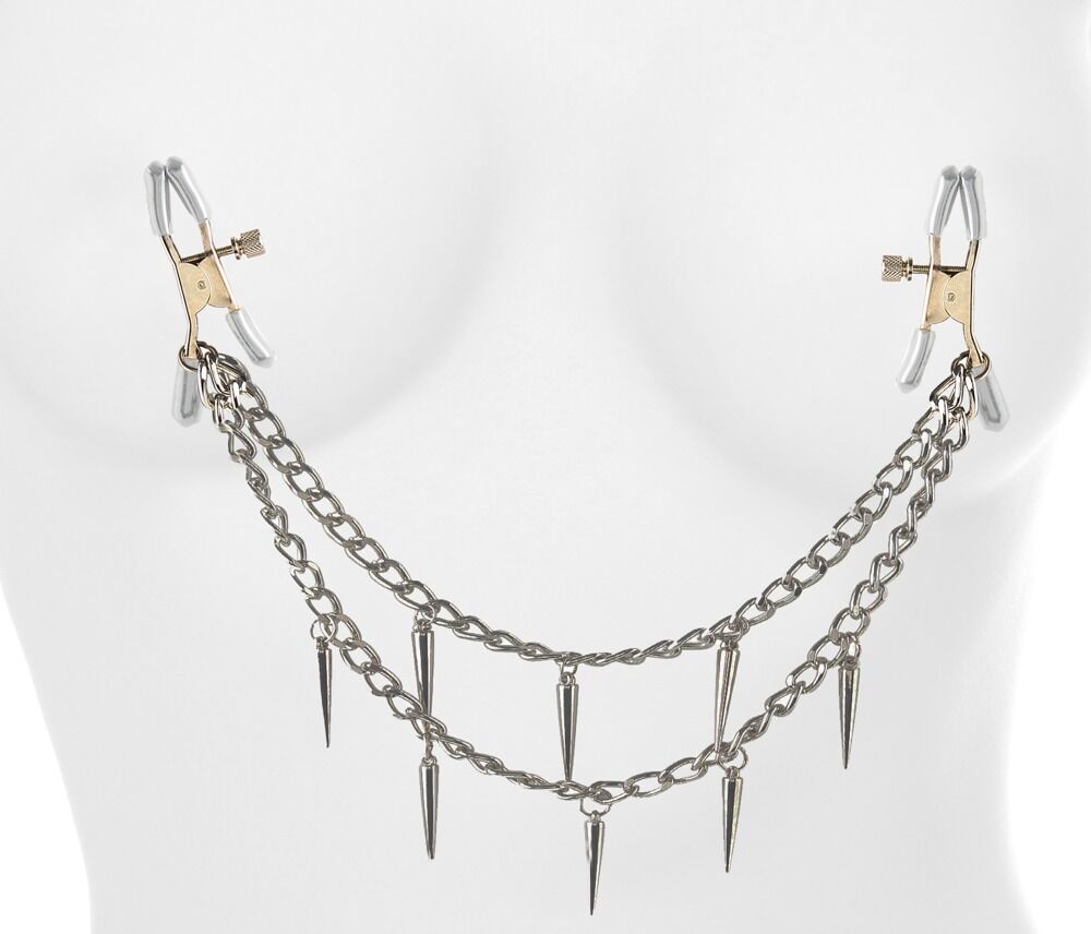 Nippelklammern „Rock Hard Nipple Clamps“, mit stylischer Metallkette voller Spikes, 31 cm