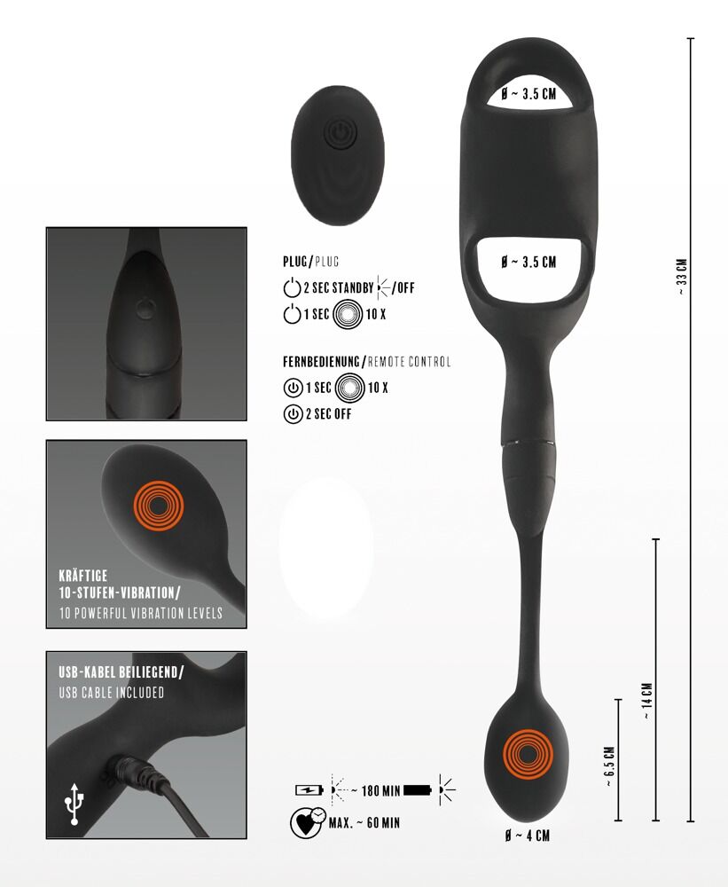 Penis-/Hodenring „Cock Ring with RC Butt Plug“ mit Vibro-Analplug, kabellose Fernbedienung
