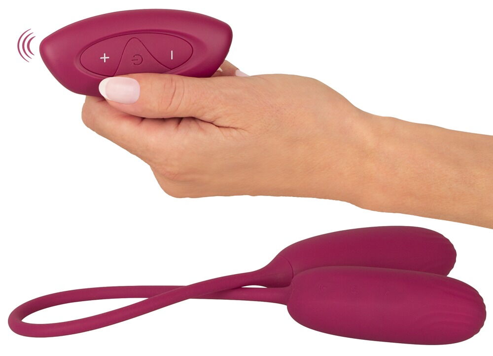 Doppel-Vibrobullet „RC Shaking & Vibrating Love Egg Duo“ verbunden mit 31-cm-Silikonband