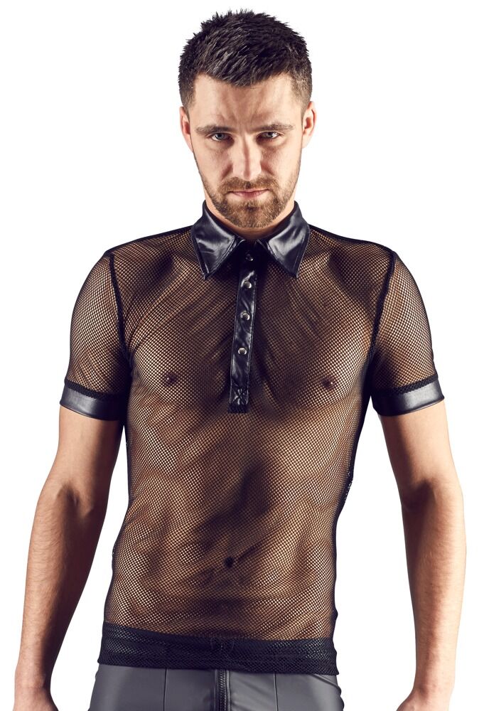 Hemd aus Netz und Wetlook, mit Polokragen