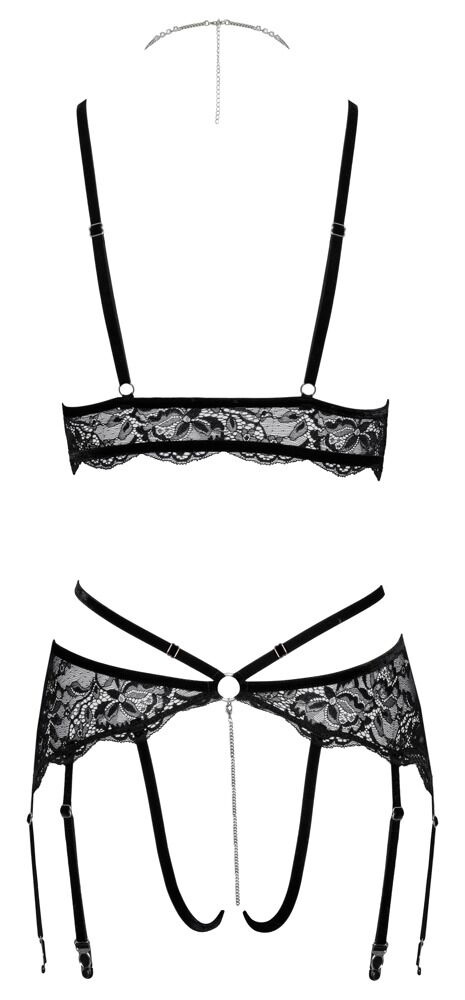 Bralette plus Straps-String ouvert aus Spitze mit Samtdetails