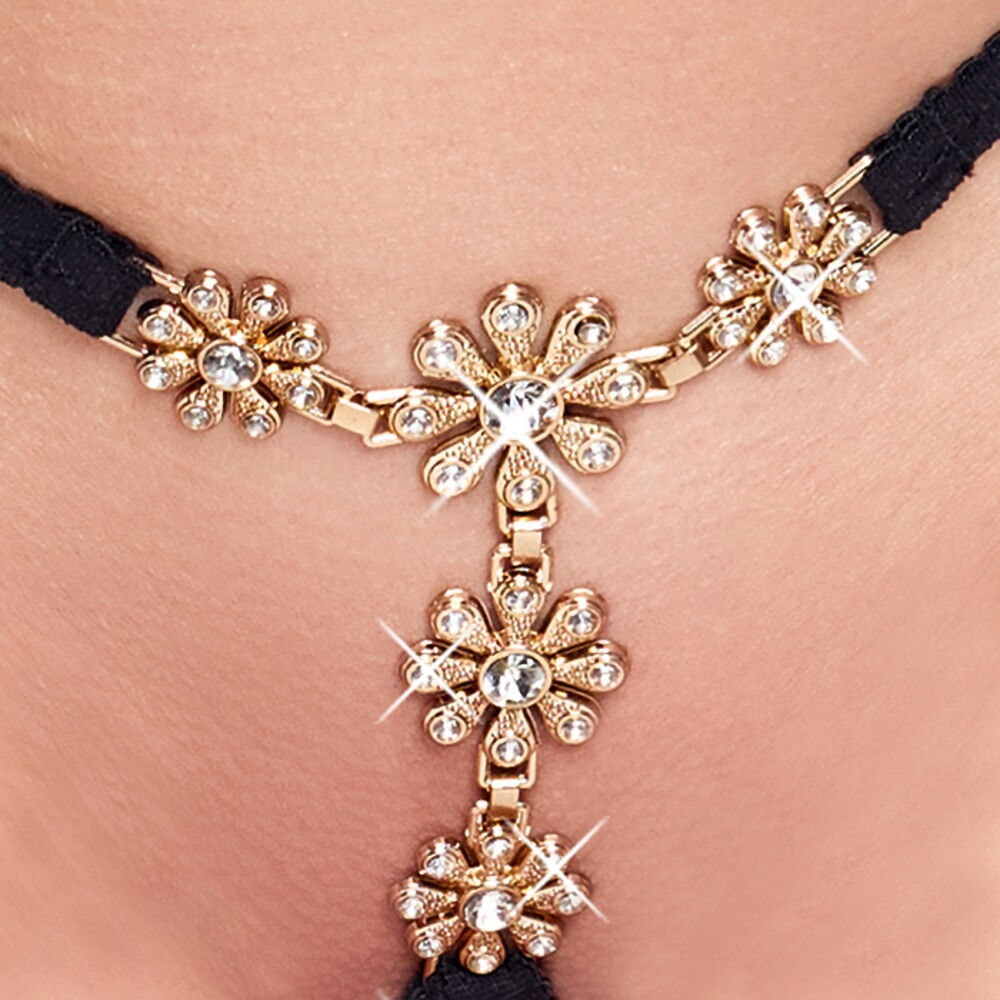 Ouvert-String mit Strass-Blüten