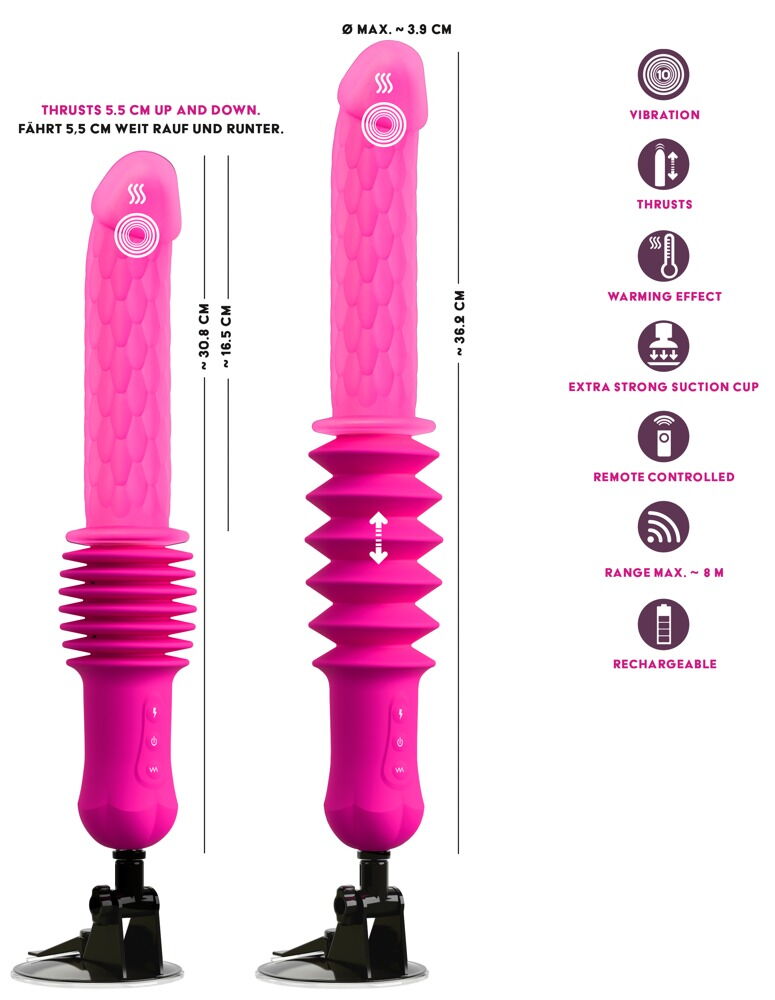 Stoßvibrator „RC Warming Fucking Machine“ mit abnehmbarem Saugfuß