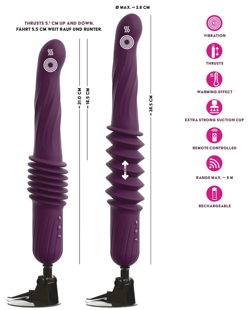 Stoßvibrator „RC Warming Fucking Machine“ mit abnehmbarem Saugfuß